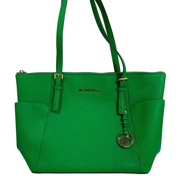 Michael Kors Charlotte GRN Saffiano Leather Large Top Zip Shoulder Tote Handbag - Picture 1 of 14